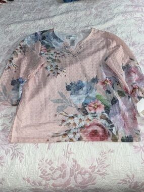 Alfred Dunner Pink Floral V-Neck Knit Top with Rhinestone Detail